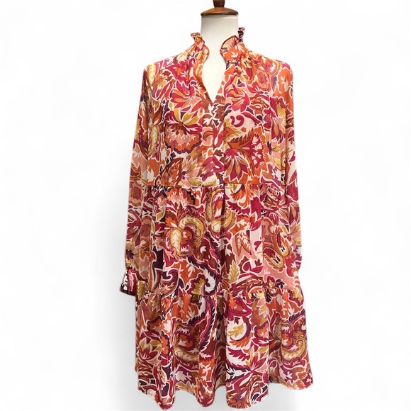 1. State Dresses & Skirts - 1.STATE Metallic Floral Tiered Mini Dress Size L | Ruffle Neck Sheer Long Sleeve